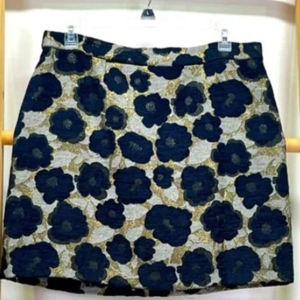 Sam Edelman Metallic Floral Jacquard Straight Pencil Mini Skirt 8 Navy Gold